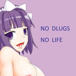 1girls 2chan breasts drugs futaba_channel maid_headdress nijiura_maids nullbrainz purple_eyes purple_hair tongue topless yakui