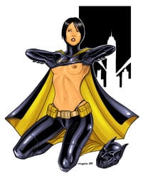 1girls 2009 areolae artist_name batgirl batgirl_(cassandra_cain) batman_(series) black_hair breasts brown_eyes cape cassandra_cain color colored dark_hair dated dc dc_comics female female_only hair human human_only makeup mask navel nipples nude red_lipstick rhaydar shiny shiny_clothes shiny_hair short_hair simple_background solo stripping teeth thong uncensored underwear undressing whale_tail white_background