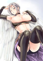 aimaida armpits black_legwear black_thighhighs blush breasts bridal_gauntlets choker clothing dragon_quest dragon_quest_ix earrings female female_only grey_hair halo huge_breasts human jewelry large_breasts lying maki_aida_factor medium_breasts midriff nipples on_back panties pavo raviel_(dragon_quest) short_hair silver_hair skirt solo stockings thighhighs thong underwear wings