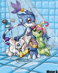 2girls digimon dragon feline female gatomon mister_d multiple_girls oral palmon shower straight tailmon veemon white_fur