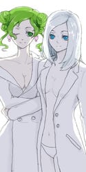 2girls artist_request bishoujo_senshi_sailor_moon blue_eyes breasts cleavage death_busters female female_only green_eyes green_hair labcoat large_breasts multiple_girls one_eye_closed open_clothes pale-skinned_female pale_skin panties tellu underwear villainess viluy white_hair