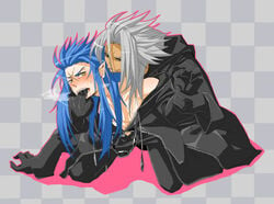 beige_skin blue_hair color disney gay gloves gray_hair human kingdom_hearts long_hair male male_only open_clothes saix scar square_enix tagme tan_skin xemnas yaoi yellow_eyes