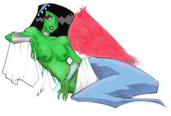 00s 2000s arabian arabian_clothes areolae black_hair breasts choker danny_phantom desiree eyelashes eyeshadow female female_only genie ghost ghost_girl green_skin hair_over_one_eye harem_outfit large_breasts lipstick long_hair lying navel nickelodeon nipples on_side purple_lipstick red_eyes rodjim solo topless vambraces white_background