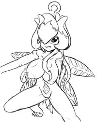 4_wings breasts digimon exposed_breasts fairy fairy_wings female female_only front_view leaf leaf_wings leaves lillymon monochrome plant plant_girl solo vine_hair vines vulva wings