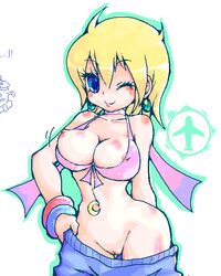 1girls areola_slip cleavage cleft_of_venus cowboy_shot earrings facing_viewer green_outline happy huge_eyes judy_(pop'n_music) looking_at_viewer nipple_slip outline pants_pull pop'n_music pulled_by_self pussy self_exposure simple_background smile solo standing tagme uncensored white_background wink