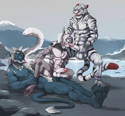 3boys anal anal_sex anthro arcticlion articlion balls braid cum cum_in_mouth cum_inside feline final_fantasy final_fantasy_x furry group group_sex hair kimahri lake male male_only mammal mountain muscles nude one_eye_closed oral oral_sex outside penetration penis renkairu ronso sex snow stripes threesome tiger uncut white_hair yaoi