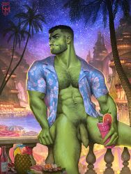 1boy celery_man6 fixed foreskin gay green_skin hairy_chest hairy_male looking_away male male_only orc orc_male penis solo solo_male uncircumcised uncut