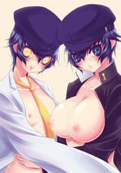 blue_hair breasts cabbie_hat creepy dark_persona dual_persona eyes flat_chest hat large_breasts megami_tensei multiple_girls necktie open_clothes open_shirt persona persona_4 sakurasawa_yukino shadow_naoto shadow_self_(persona) shirogane_naoto shirt time_paradox