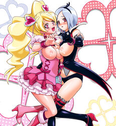 asymmetrical_docking bag black_legwear black_thighhighs blonde_hair blush boots bracelet breast_press breasts clothing cure_peach dark_magical_girl dress earrings eas elbow_gloves fresh_precure! fresh_pretty_cure fresh_pretty_cure! gambler_club gloves hairband heart heart_hands heart_hands_duo higashi_setsuna high_heels hug jewelry knee_boots kousaka_jun large_breasts long_hair magical_girl momozono_love multiple_girls nipples panties pink_eyes precure pretty_cure purse red_eyes shoes short_hair silver_hair stockings thighhighs tied_hair twintails