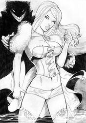 1boy 1girls 2009 areolae artist_name corset dinei emma_frost female female_focus human humanoid light_hair long_hair male marvel marvel_comics monochrome no_visible_genitalia shadow_king shorts smooth_fur thighhighs white_queen x-men