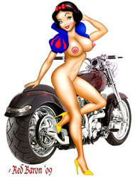 bottomless breasts clothes disney disney_princess dr1ace female female_only human motorcycle nipples pinup pose snow_white_(disney) snow_white_and_the_seven_dwarfs solo tagme teenager vehicle