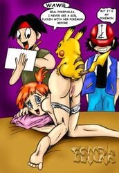 all_fours bent_over blue_eyes doggy_style escoria female from_behind human kasumi_(pokemon) kenji_(pokemon) male nintendo orange_hair pikachu pokemon pokephilia pussy satoshi_(pokemon) sex straight tracey_sketchit