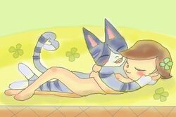 animal_crossing animal_crossing_girl anthro blue_fur blush brown_hair cat female four_leaf_clover hugging human male moe_(animal_crossing) nintendo nude villager_(animal_crossing)