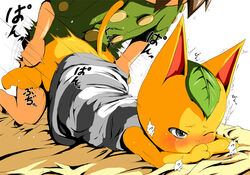 animal_crossing bed blush feline from_behind furry leaf nintendo sex sheets shi_yusu silver_eyes tail tangy_(animal_crossing) villager_(animal_crossing)