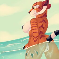 1girls 2014 anthro black_nipples breast claws dreamworks feline female female_only furry hi_res kung_fu_panda mammal master_tigress nipple nude partially_submerged partially_underwater_shot popesslodovica pussy sea sideboob skinny_dipping smile solo tiger uncensored underwater water