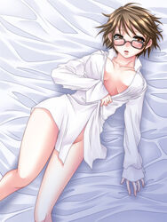 aussa_the_earth_charmer blush bottomless breasts brown_eyes brown_hair charmers female female_only glasses hair human lying_down no_pants open_clothes open_shirt pointy_chin short_hair solo yu-gi-oh! yu-gi-oh!_duel_monsters