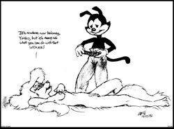 1990s 1993 animaniacs anthro black_fur breasts clothes female fur furry interspecies lying male minerva_mink mink monochrome nude on_back standing straight tagme white_fur yakko_warner