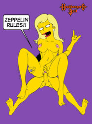 1boy 1girls becky_(the_simpsons) breasts color female fpa front_view human insertion lipstick male navel nipples nude otto otto_mann penis reverse_cowgirl_position sex speech_bubble straight tagme testicles text the_simpsons vaginal vulva