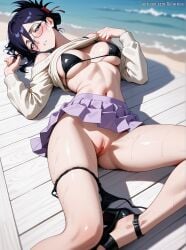 1girl ai_generated black_bikini black_footwear black_hair bleach blush breasts clothes_lift female folded_ponytail glasses hair_between_eyes high_heels ise_nanao lifted_by_self long_sleeves looking_at_viewer lying medium_breasts navel off_shoulder on_back patreon patreon_username pleated_skirt purple_eyes purple_skirt pussy skirt solo stomach sweat sweater velurieve wet white_sweater