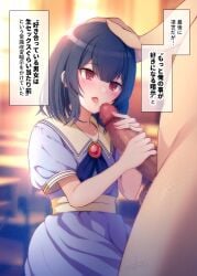 artist_name black_hair black_ribbon censored clothed_female_nude_male dress fellatio female grey_dress hand_on_another's_head idolmaster idolmaster_shiny_colors morino_rinze mosaic_censoring noukatu nude oral pink_brooch ribbon saliva saliva_trail school_uniform short_hair tongue translation_request