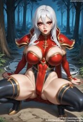 ai_generated armor bangs bare_shoulders black_legwear black_thighhighs blizzard_entertainment boots breasts bridal_gauntlets cameltoe cape cleavage clothing covered_navel cross elbow_gloves female female female_only footwear forest gloves grass grey_hair hair_between_eyes high_heel_boots high_heels highleg highleg_leotard huge_breasts jewelry jousneystudio large_breasts legwear leotard lips long_hair looking_at_viewer makeup nail_polish nature original outdoors parted_lips red_eyes red_leotard red_lips red_nails sally_whitemane shoes shoulder_armor sitting solo spread_legs squatting thick_thighs thigh_boots thighhighs thighs tree warcraft white_hair world_of_warcraft