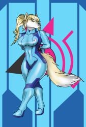 alien angry anthro blonde_hair bodysuit bondage bondage bound canid canine clothing corsac_fox female fox fox_samus_aran fur hair hi_res lovemummification mammal metroid metroid_(species) muscular muscular_female nintendo ponytail rope samus_aran skinsuit solo suit tight_clothing true_fox zero_suit