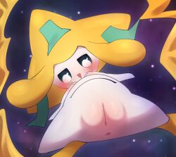 2025 absurd_res anthro anus biped blush blush_lines colored cosmic_background digital_drawing_(artwork) digital_media_(artwork) female from_below generation_3_pokemon genitals hi_res jirachi legendary_pokemon looking_at_viewer looking_down low-angle_view nintendo open_mouth plump_labia pokemon pokemon_(species) pussy shaded solo spread_legs spreading star starry_background viewed_from_below white_body yellow_body yirus9