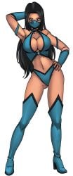 armpits black_hair blue_footwear boots breasts cg cleavage dark-skinned_female dark_skin female full_body gloves hentai_heroes high_heels kinkoid kitana large_breasts long_hair looking_at_viewer mask navel official_art parody solo standing sung_tai_ki_(hentai_heroes) thigh_boots thighhighs transparent_background