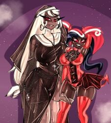 2demons 2girls big_breasts bitterbunz breasts carmilla_carmine clothed clothing cross demon_girl devil_horns ebony erect_nipples female hazbin_hotel long_hair nipples nipples_bulge nude nun nun's_habit nun_outfit open_mouth open_smile partially_clothed pussy red_eyes red_hair short_hair smile submissive_female teeth thick_thighs thighs twintails velmilla velvette white_hair