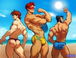2d 2d_(artwork) 3boys abs ass ass_focus bara bara_ass bara_butt beach big_ass big_ass_(male) big_butt big_butt_(male) bulge bulge_through_clothing bulge_under_clothes cyclops_(x-men) digital_media_(artwork) facial_hair gambit gay gay_male hairy hairy_male james_howlett logan_(x-men) male male/male male/male/male male_only male_underwear marvel marvel_comics muscular muscular_ass muscular_male mutant mutant_(marvel) no_sex nude nude_male partially_clothed phausto remy_lebeau scott_summers superhero swimsuit thick_ass thick_butt thighhighs thong thong_bikini thong_over_anus threesome underwear wolverine_(x-men) x-men
