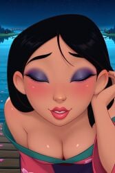 ai_generated badassoverlord94_(ai_generator) black_hair blush breasts cleavage closed_eyes collarbone disney down_blouse eyeshadow fa_mulan imminent_kiss kissing lake lips lipstick long_hair looking_at_viewer mulan mulan_(1998_film) night petals pov povai_generated sky stars touching_hair