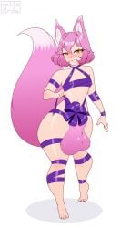 1futa animal_genitalia ayami_(skyism) christmas fox_ears fox_girl fox_tail fully_sheathed gift_wrapped gold_eyes looking_at_viewer sheath unusual_pupils wrappings