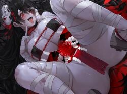 1girls @_@ arm_wraps azur_lane bare_shoulders big_breasts black_hair blush bra breasts bruised bruises covered_pussy crazy crazy_eyes crazy_smile curvy cuts dishwasher1910 dress dutch_angle eyelashes eyes_wide_open fangs female female_only finger_to_face flower geta hair_between_eyes hair_ornament hand_on_cheek highres huge_breasts knees large_breasts leg_wraps legs light-skinned_female light_skin long_hair looking_at_viewer lying lying_on_back mask_on_head mature_female nail_polish night on_back on_floor open_mouth pale-skinned_female pale_skin partially_clothed red_eyes red_nails solo spiral_eyes spread_legs square_bikini taihou_(azur_lane) taihou_(meta)_(azur_lane) teeth thick_thighs thighs tongue tongue_out very_long_hair voluptuous white_skin wide_eyed wrappings