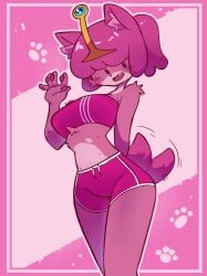 1girls anthro anthrofied artist_request cat_ears female fur princess_bubblegum shorts sports_bra sportswear tagme tail wagging_tail