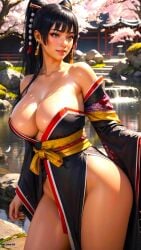 0assult0 ai_generated bangs bare_legs bare_shoulders beautiful_background beautiful_females black_hair black_kimono busty_female cherry_blossom_tree cherry_blossoms curvy day dead_or_alive divine_beauty dress earrings eyelashes eyeshadow female fighting_game forest geisha gorgeous hair_ornament huge_breasts japanese japanese_architecture jewelry lake majestic nyotengu obi off_shoulder_kimono perfect_body posing ribbon rocks sexy smiling solo team_ninja tecmo thick_thighs video_game_character video_game_franchise video_games voluptuous_female