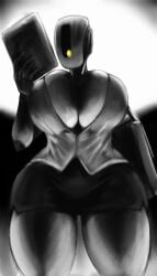 breasts button_down_shirt cleavage female glados glados_(humanoid) greyscale large_breasts no_mouth office_lady open_shirt polygonalfish portal_(series) robot robot_girl skirt solo solo_female yellow_eyes