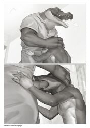 4_fingers 5_fingers absurd_res animal_genitalia animal_penis anthro aroused bed big_dom_small_sub bodily_fluids border breath buckteeth bunk_bed canine_genitalia canine_penis ceiling ceiling_lamp claws clothed clothed/nude clothed_sex clothing comic cornered countershading crocodile crocodilian dominant duo erection fingers forced forced_oral furniture genital_focus genitals hand_on_leg head_grab hi_res imprisoned imprisonment inside interspecies intimidation jumpsuit kneeling knot lamp light low-angle_view male male/male mammal monochrome murid murine muscular muscular_male narrowed_eyes nipples nude open_mouth oral patreon paws penis penis_in_mouth penis_poking_out penis_through_fly pngx prison prison_bars prison_cell prison_rape prison_uniform prisoner public public_nudity rape rat reptile rodent scalie sex sharp_teeth side_view size_difference slim_male smaller_male snot standing sweat sweatdrop tail teeth text tongue uniform url whiskers white_border