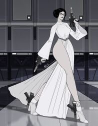 11:14 1girls 2d bayonetta bayonetta_(character) black_hair blaster blue_eyes bun_hair clothed clothes clothing cosplay curvaceous curvaceous_body curvaceous_female curvaceous_figure curvaceous_hips curvy curvy_body curvy_female curvy_figure curvy_hips double_bun dress female female_only glasses greyscale guns heels high_heels high_slit_dress hips long_legs msperoni princess_curvy princess_leia_organa_(cosplay) short_hair solo star_wars thick_hips thick_thighs triplexmile