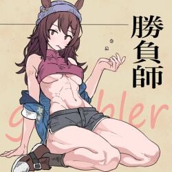 baked_apple beanie beanie_hat brown_eyes brown_hair crop_top female female_only hat headwear horse_ears horse_girl jacket lollipop long_hair looking_at_viewer medium_breasts muscular muscular_female muscular_thighs nakayama_festa_(umamusume) no_bra off_shoulder open_jacket short_shorts shorts sitting solo turtleneck umamusume umamusume_pretty_derby underboob