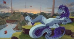 absurd_res animal_genitalia anus blue_body blue_scales claws dragon eastern_dragon feral fingerprint_(artist) fur genital_slit genitals hi_res horn intersex maleherm mane mythological_creature mythological_scalie mythology pink_anus pink_pussy purple_body purple_claws purple_eyes purple_fur purple_horn purple_mane pussy scales scalie solo