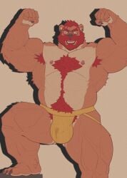 abs anthro armpit_hair barazoku bear beard belly_hair biceps bodily_fluids body_hair bulge chest_hair claws clothed clothing digital_drawing_(artwork) digital_media_(artwork) eyewear facial_hair fangs flexing flexing_bicep furry genital_fluids glasses hair happy_trail hi_res jockstrap jockstrap_only male mammal mature_anthro mature_male mr_nellory nipples open_mouth open_smile pecs precum pubes red_beard red_facial_hair red_hair short_hair smile solo teeth thick_thighs topless topless_anthro topless_male underwear underwear_only wearing_glasses