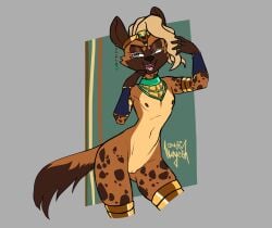 andromorph andromorph_anthro anthro blue_eyes bottom_heavy brown_body brown_fur clothed clothed_andromorph clothed_anthro clothing dipstick_tail ear_piercing ear_ring egyptian egyptian_clothing egyptian_headdress eyeshadow femboy fur genitals hair hi_res hyena intersex intersex_anthro johan_(wayesh) legwear makeup mammal markings multicolored_body multicolored_fur navel nipples piercing pussy ring_piercing sharp_teeth signature skimpy smile solo spotted_hyena standing tail tail_markings tan_body tan_fur tan_hair teeth thigh_highs two_tone_body two_tone_fur wayesh