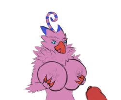 anthro avian beak biyomon breast_grab breasts claws digimon digimon_(species) eyebrows feathers furry licking_lips looking_down penis pink_body pink_feathers red_beak red_claws testowepiwko tongue tongue_out