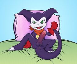 anthro anus bandana black_nose blush claws clothing demon digimon digimon_(species) fangs genitals gloves green_eyes handwear imp impmon kerchief looking_at_viewer male open_mouth p.v.su penis pillow purple_body semi-anthro sitting solo_male toe_claws tongue white_body