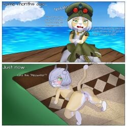 absurd_res accessory all_fours anthro anus armor blush capcom clothing cloud drakenfly eyewear felid felyne female fur genitals goggles green_eyes hair hair_accessory hat headgear headwear hi_res lynian mammal monster_hunter mystral_(drakenfly) nude palico sea sky solo text water white_hair