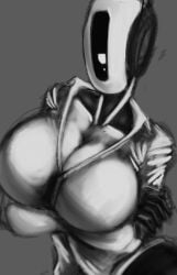 breasts female glados glados_(humanoid) greyscale large_breasts no_mouth open_shirt polygonalfish portal_(series) robot robot_girl solo solo_female