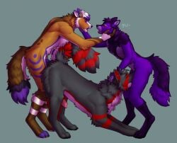 after_kiss anal anal_sex animal_genitalia animal_penis anthro anthro_on_feral anthro_penetrating anthro_penetrating_feral black_claws bodily_fluids brown_body brown_fur canid canine_genitalia canine_penis cattont chest_tuft claws erection fellatio feral feral_penetrated fur genitals grey_body grey_fur group group_sex hi_res intraspecies intraspecies_bestiality knot knotted_penis male male/male male_penetrated male_penetrating male_penetrating_male mammal monotone_background nude oral oral_penetration penetration penile penile_penetration penis pink_penis purple_body purple_fur purple_knot purple_penis red_body red_fur saliva saliva_string sex simple_background spitroast tail tail_grab threesome trio tuft white_body white_fur zoophilia