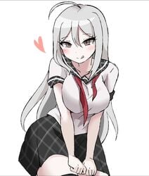 :d ahoge big_breasts blush breast_squeeze brown_eyes danganronpa danganronpa_another fanganronpa hair_between_eyes heart honyang long_hair looking_pleasured naughty_face school_uniform schoolgirl sdra2 seductive seductive_smile smirking smooth_skin sora_(super_danganronpa_another_2) super_danganronpa_another_2 thigh_highs thighs tongue_out untied_tie white_background white_hair