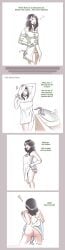 2020 ass bathroom black_hair bottomwear breasts clothed clothing coat colored duo english_text female genitals hair hi_res human human_focus inside mammal matriarch_worm not_furry object_in_pussy pussy sequence simple_background sink smile solo_focus standing strawberrytfs surprise text topwear towel unbirthing vaginal_penetration vore white_background