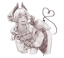 1girl arknights ass bottomless electric_plug electric_plug_tail fellatio_gesture female female_only hare_nitsuki heart-shaped_pupils monochrome raidian_(arknights) robot_arm sketch